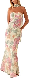 Womens Floral Strapless Dress Y2k Backless Sleeveless Tube Maxi Long Dresses Sexy Mesh Bodycon Summer Beachwear - Buy now