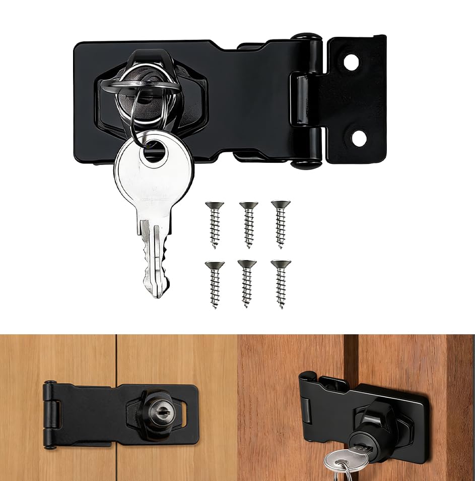 COAFTUG Keyed Hasp Lock 4 inch Hasp and Staple with Padlock Black Door Latch Hasp Twist Knob shed Door Locks Zinc Alloy Keyed Locking Gate Lock with Keys for Cupboard Cabinets Gate Wardrobe