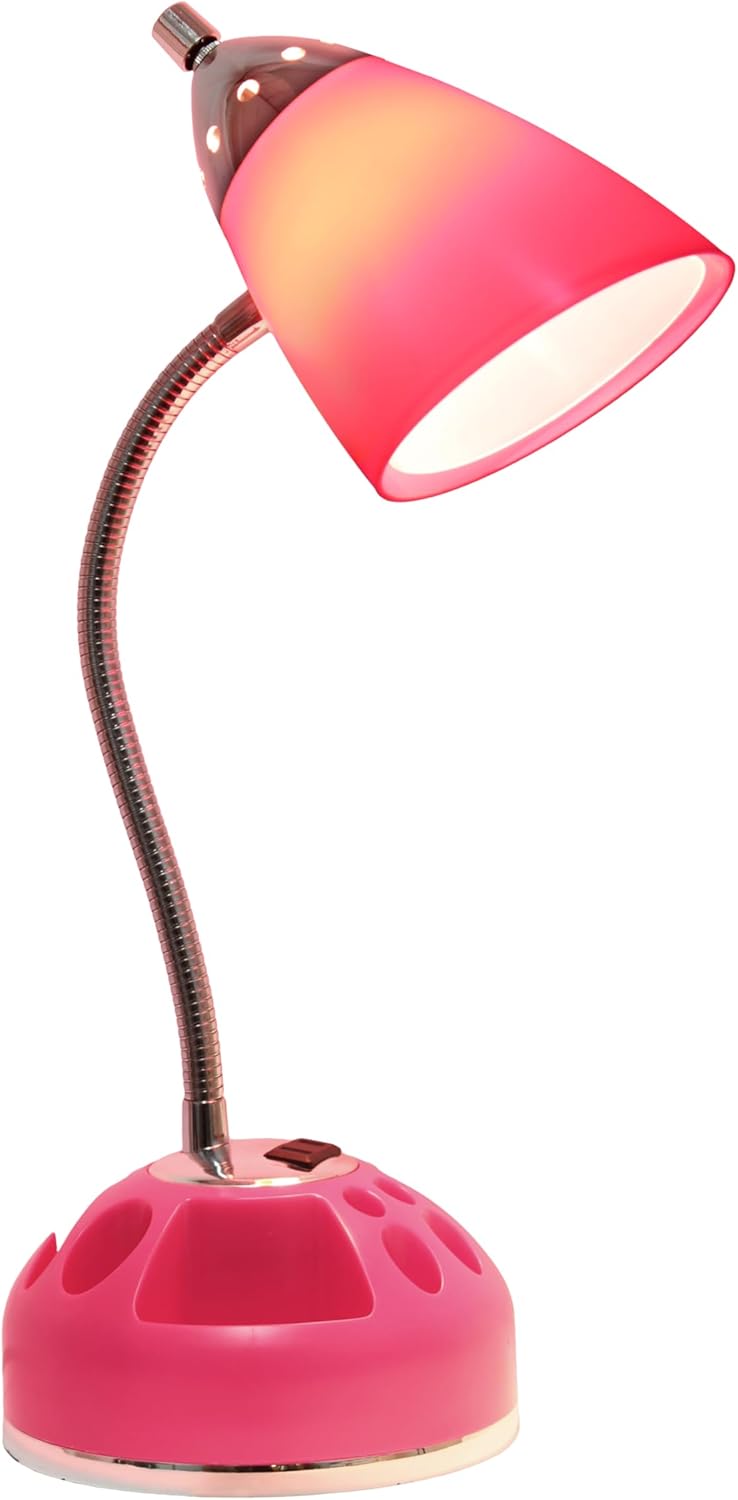 Simple Designs LD1015-PNK-LB 19.5" Flossy Organizer Desk Lamp with Charging Outlet Lazy Susan Base and LED Bulb, Pink