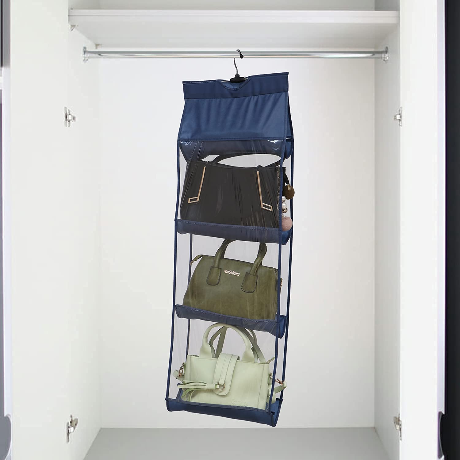 Hanging Handbag Organizer Dust Proof Storage Holder Bag Wardrobe Closet for Purse Clutch with 4 Larger Pockets for Organizing and Storing Women Handbags - Nevy Blue