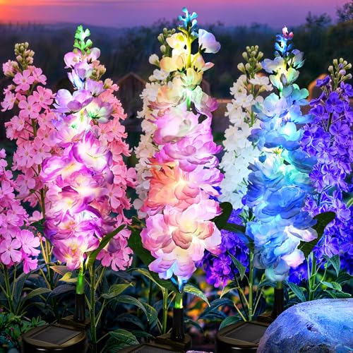 GIGALUMI 3 Pack Solar Delphinium Flowers Outdoor 2 Modes Multicolored