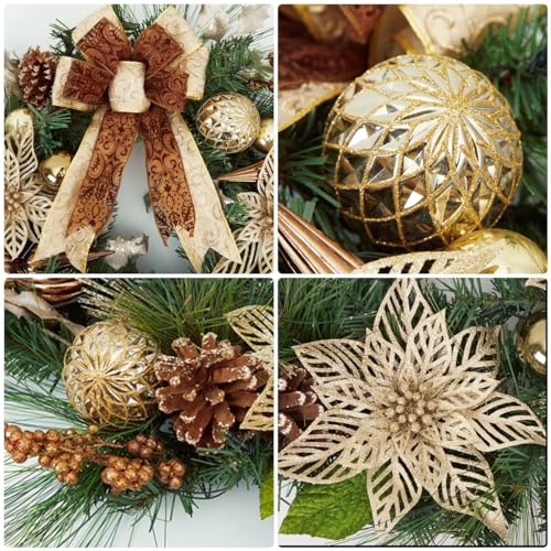 24 Inch Christmas Wreath with Lights, Battery Operated Outdoor Christmas Wreath for Front Door with 20 LED Lights Timer Gold Ball Ornaments Pine Cones and Bow for Home Holiday Decor