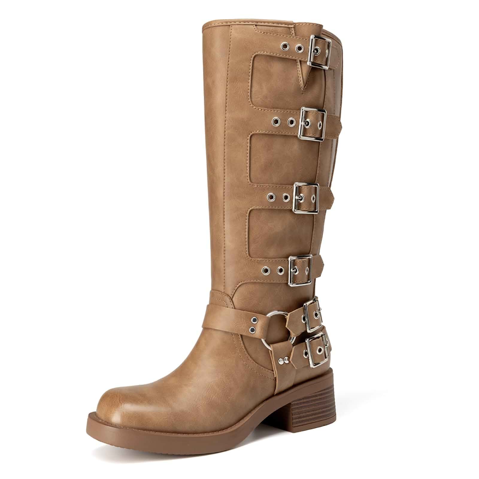 Athlefit Women's Knee High Riding Boots Buckle Biker Boots Chunky PU Leather, 2-inch Flat Chunky Heel, Square Toe, Fashion, All-day Comfort, Riding, Long Walking, Travel, Women Four Feasons