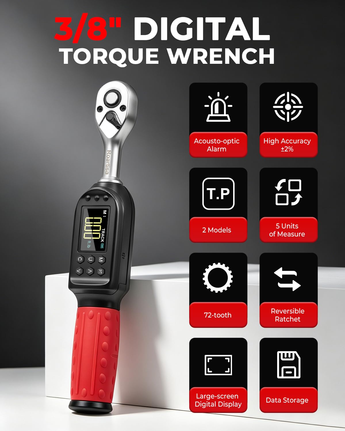 Llave dinamométrica digital de 3/8, ± 2% de alta precisión con zumbador y notificación de flash LED, 5 unidades y 8 preajustes de memoria (3.09-62.69 pies libras/4.2-85 N.m)