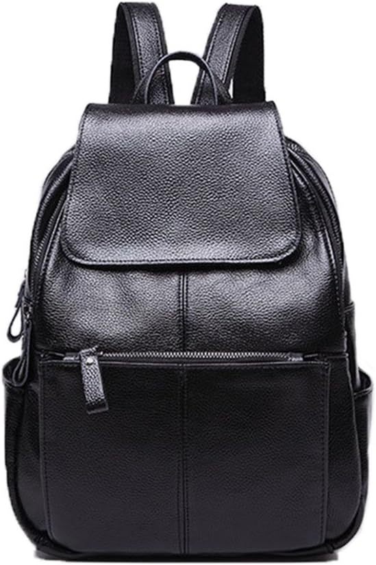 Women Backpacks Simple Genuine Leather Backpack School Bag Large Travel Bag (Black)