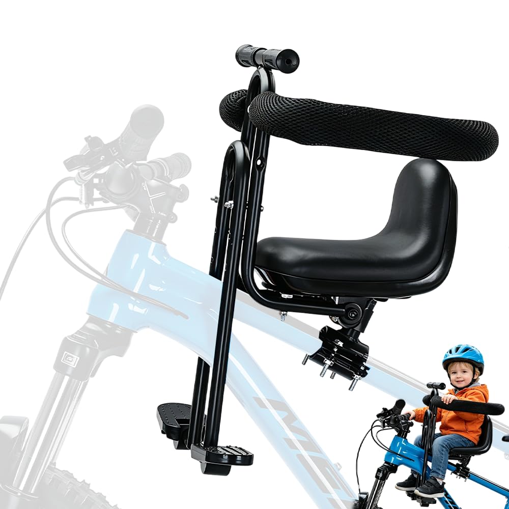 Bicycle Front Seat, Kids Bike Seat Front Mount, Safety Belt and Foot Pedals, Detachable with 4-Sided Foam Guardrail, 110lbs Load with All Adult MTB, Adjustable Seat Toddler Bike for Children 1-5 Year
