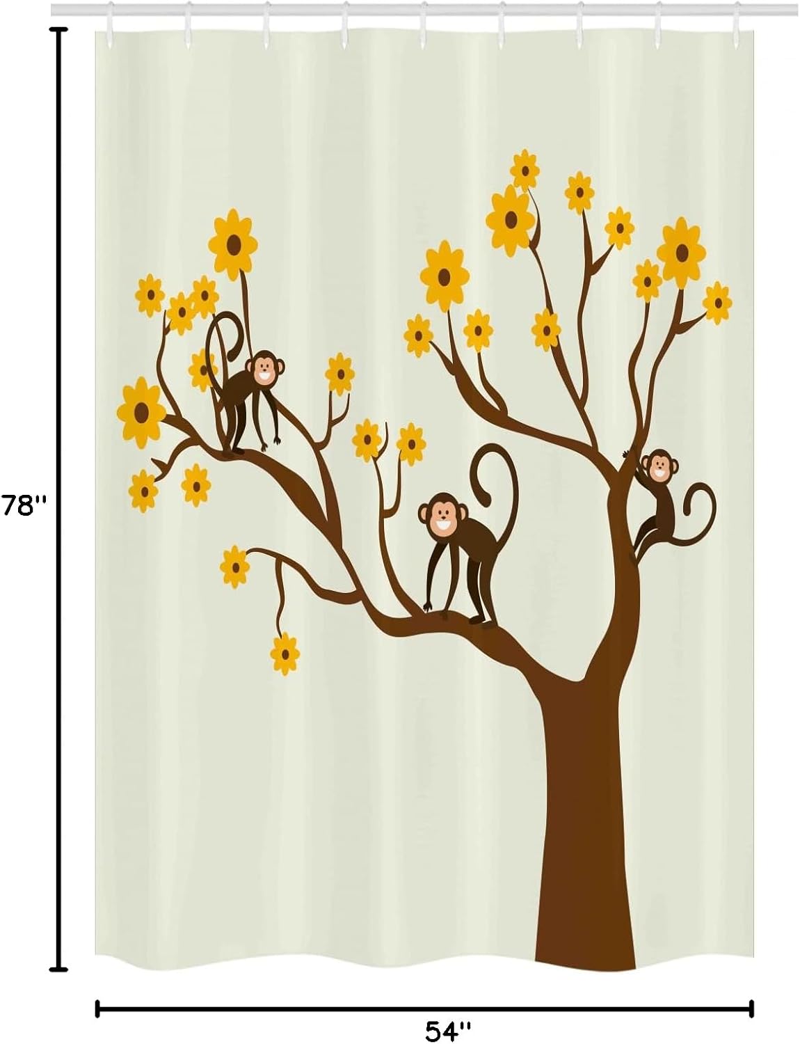 Ambesonne Funny Stall Shower Curtain, Monkey Animations Fun Chimpanzees Climbing on Daisy Trees Animal Life, Fabric Bathroom Decor Set with Hooks, 54" W x 78" L, Brown Yellow