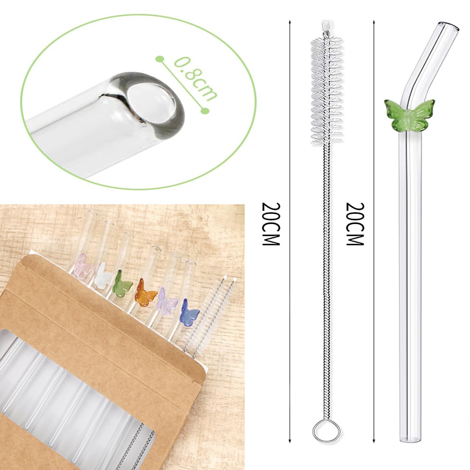 Pajitas Cristal,6 Piezas Pajitas de Cristal Reutilizables,Pajitas de Cristal MariposaTransparentes Cristal para Cócteles con 2 Cepillo Limpiador,para Té de Burbujas,Granizados,Cócteles,Zumos
