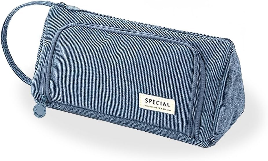 AUGEN Large Capacity Pencil Case for Girls & Women | Corduroy Zipper Pen Pouch with Compartments | Stationery Organizer, Makeup & Cosmetic Bag for Office, School & Travel (Blue)
