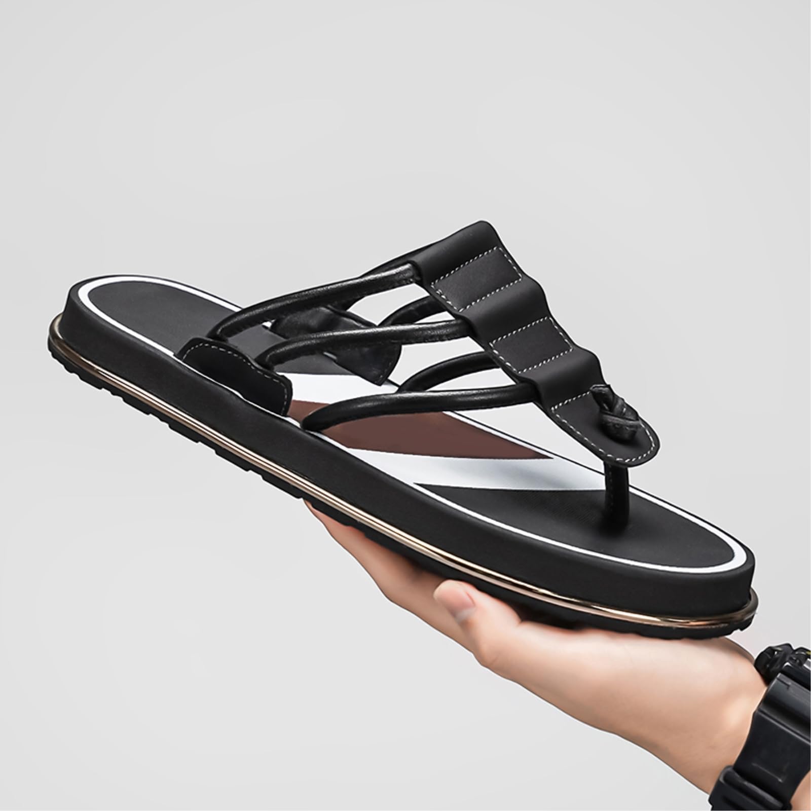 Chanclas De Playa Hombre Sandalias Cuero Tanga Los Hombres, Plantilla Goma Eva Suave Plana Antideslizante para El Verano Al Aire Libre-black-38