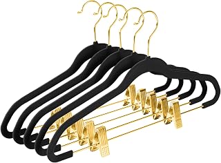 MIZGI Premium Velvet Pants Hangers with Adjustable Clips (Pack of 20) Slim Skirt Hangers- Non Slip Felt Outfit Dress Hangers Black - Gold Hooks,Space Saving Shirt Clothes Hangers