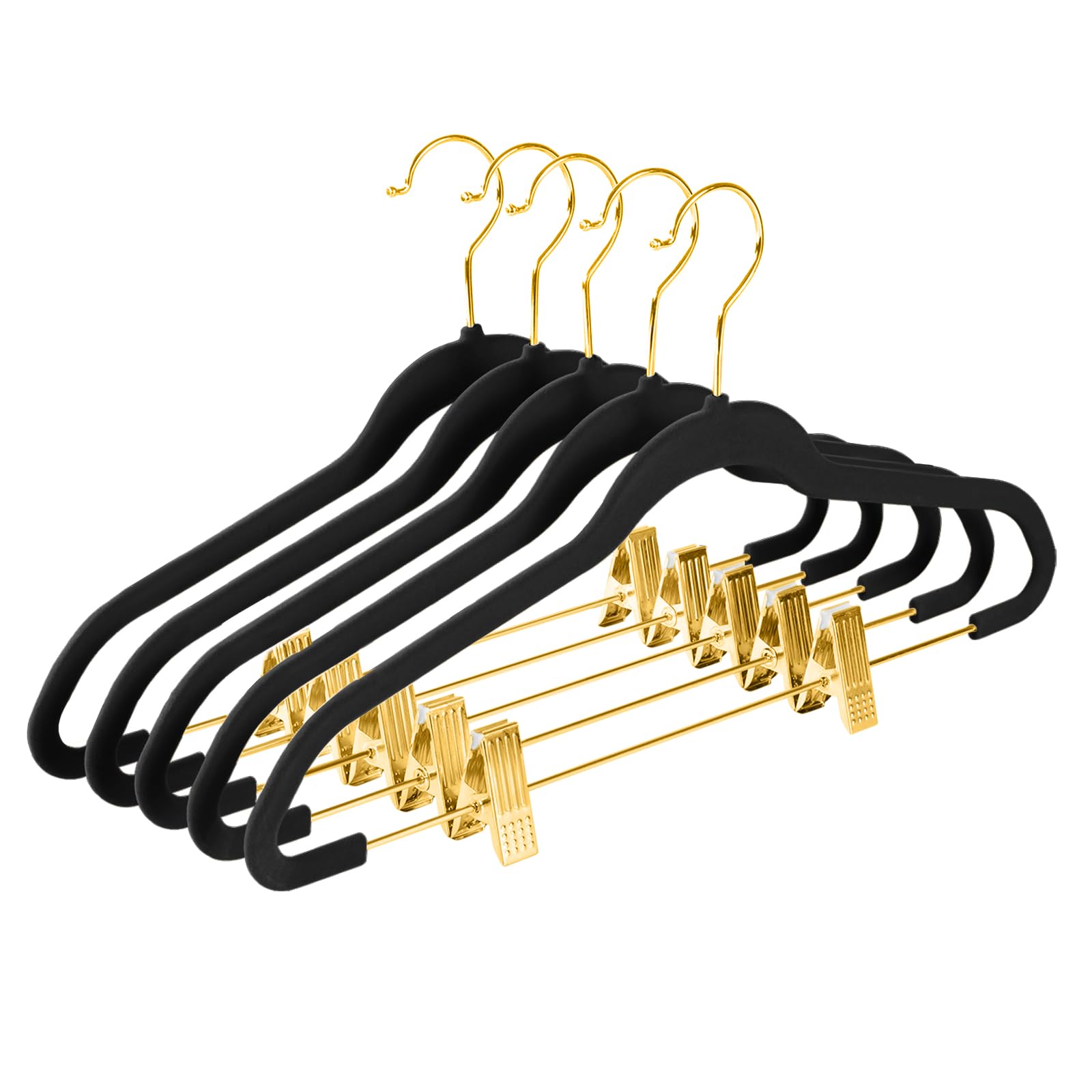 MIZGI Premium Kleiderbügel aus Samt mit verstellbaren Clips (20 Stück) schmale Rock-Kleiderbügel - rutschfeste Filz-Outfit-Kleiderbügel schwarz - goldene Haken, platzsparende Hemd-Kleiderbügel