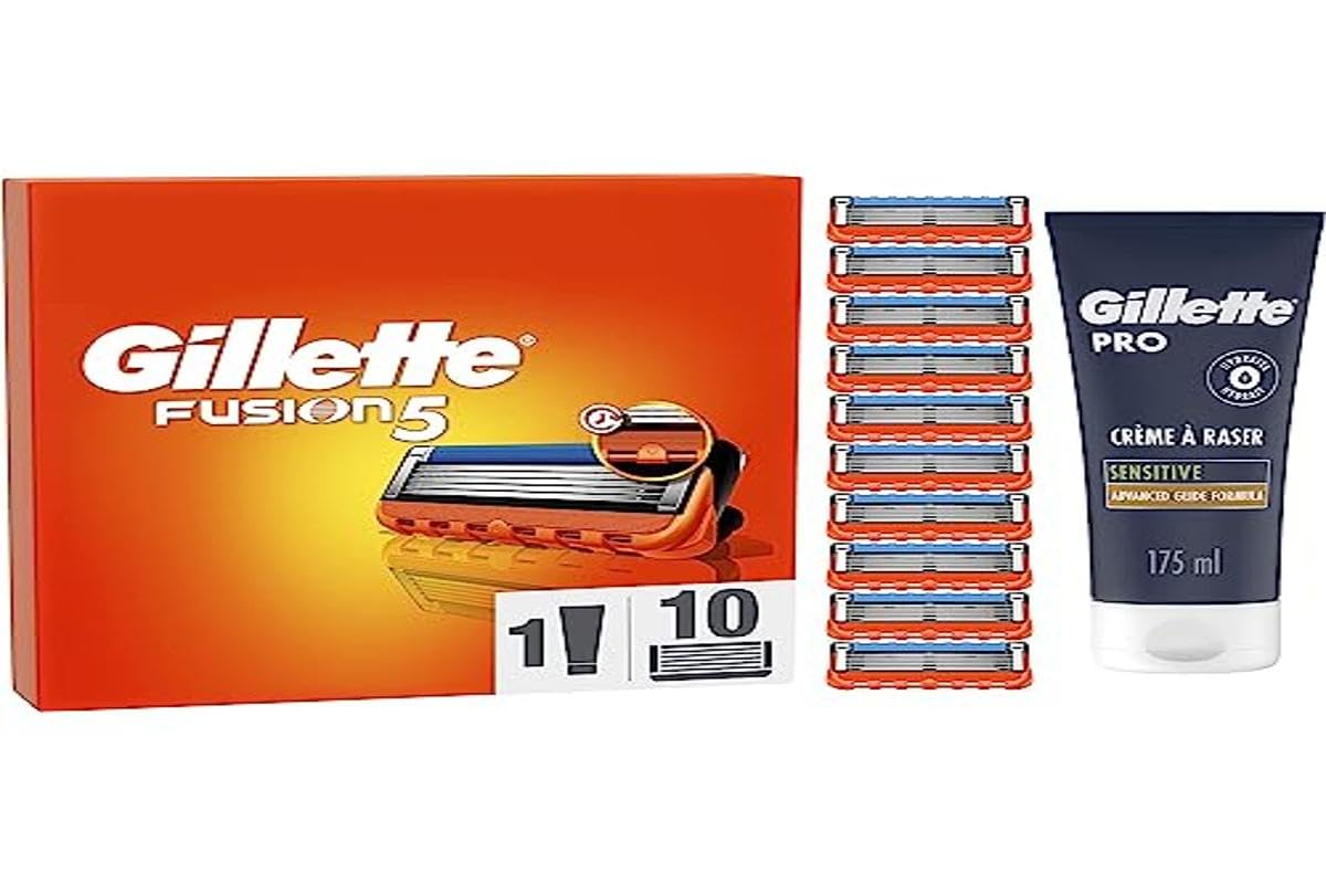 Gillette Fusion 5 ostrzy do golenia i pielęgnacji brody, 10 zapasowych ostrzy do golenia na mokro dla mężczyzn + pianka do golenia Gillette PRO Sensitive 175 ml, prezent dla mężczyzn