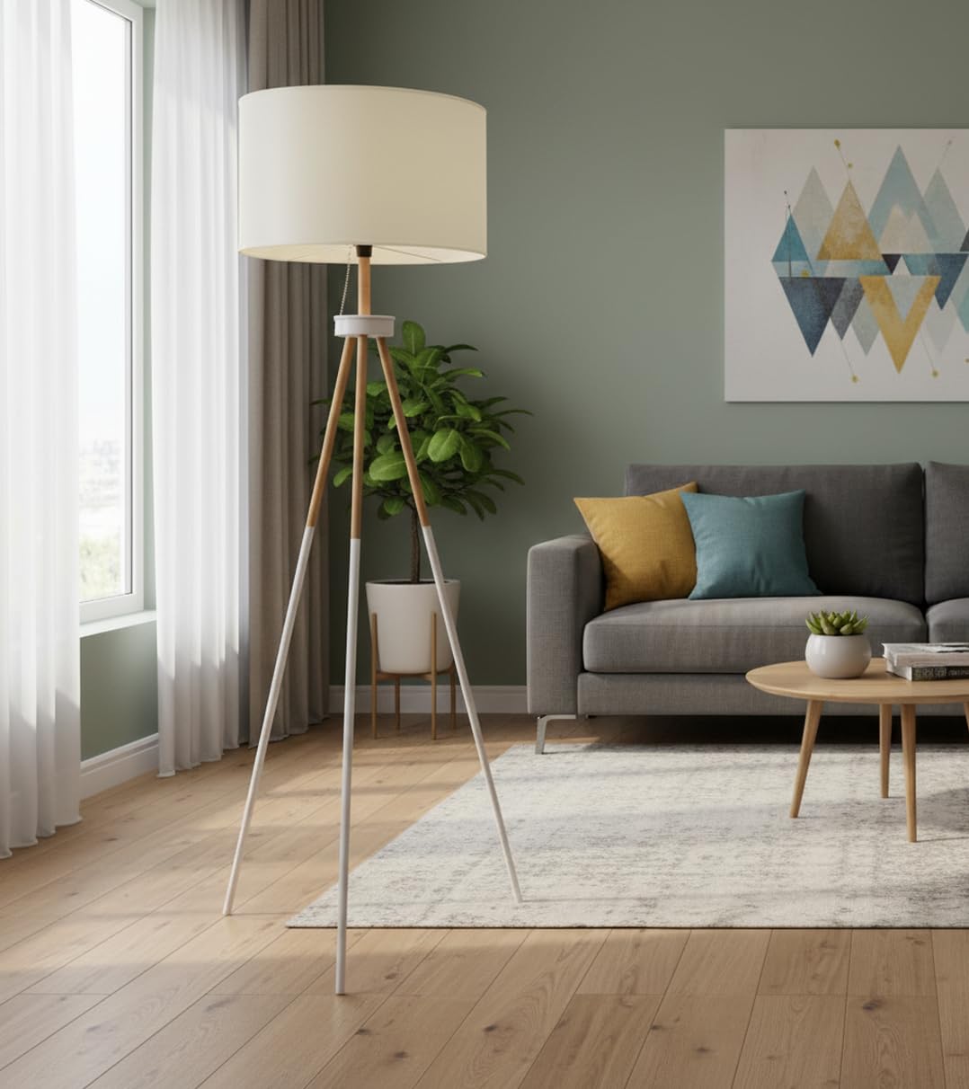 BEL AIR HOME - Lampada da Terra Soggiorno NAPOLI, Treppiede a 3 gambe 1 x E27 (Lampadina non inclusa) Design Moderno in Metallo e Legno, Ideale per Salotto e Camera (BIANCO)