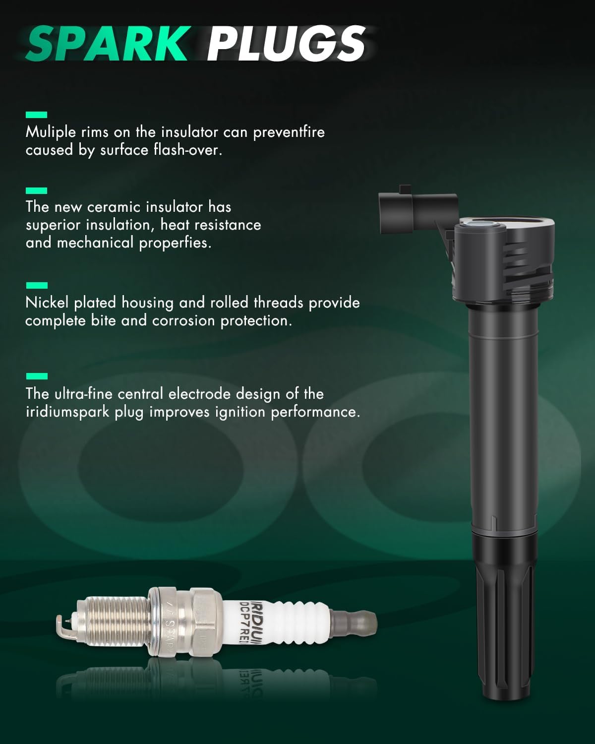 SCITOO 4 ignition coils UF649 with 4 Iridium Spark Plugs for Fiat 2012 2013 2014 2015 2016 500 L4 1.4L