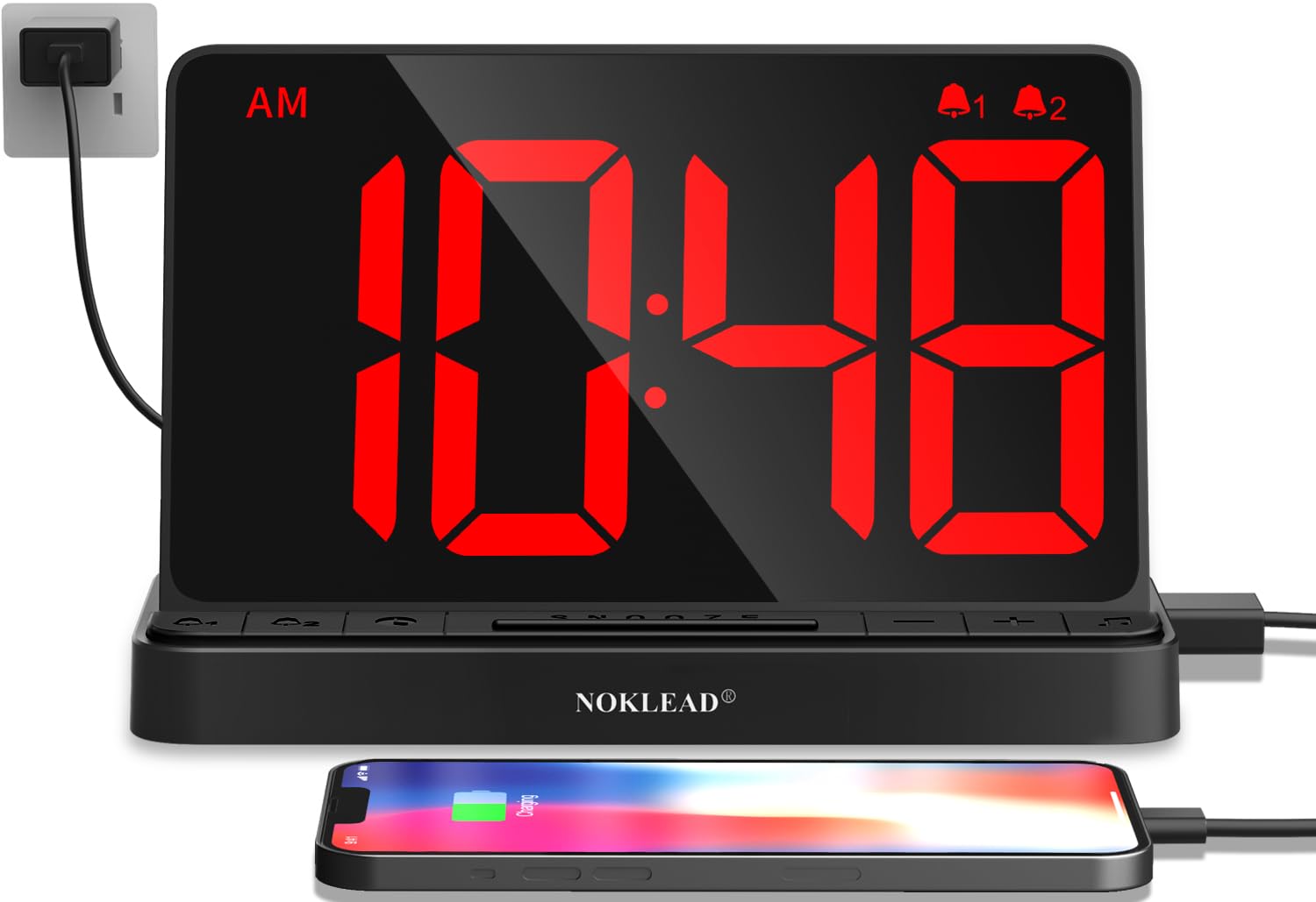 NOKLEAD Reloj Despertador Digital RGB | Gran Pantalla 6,5" con Cambio de Color y Cargador USB | Eléctrico, Brillo Totalmente Regulable y Doble Alarma para Dormitorio