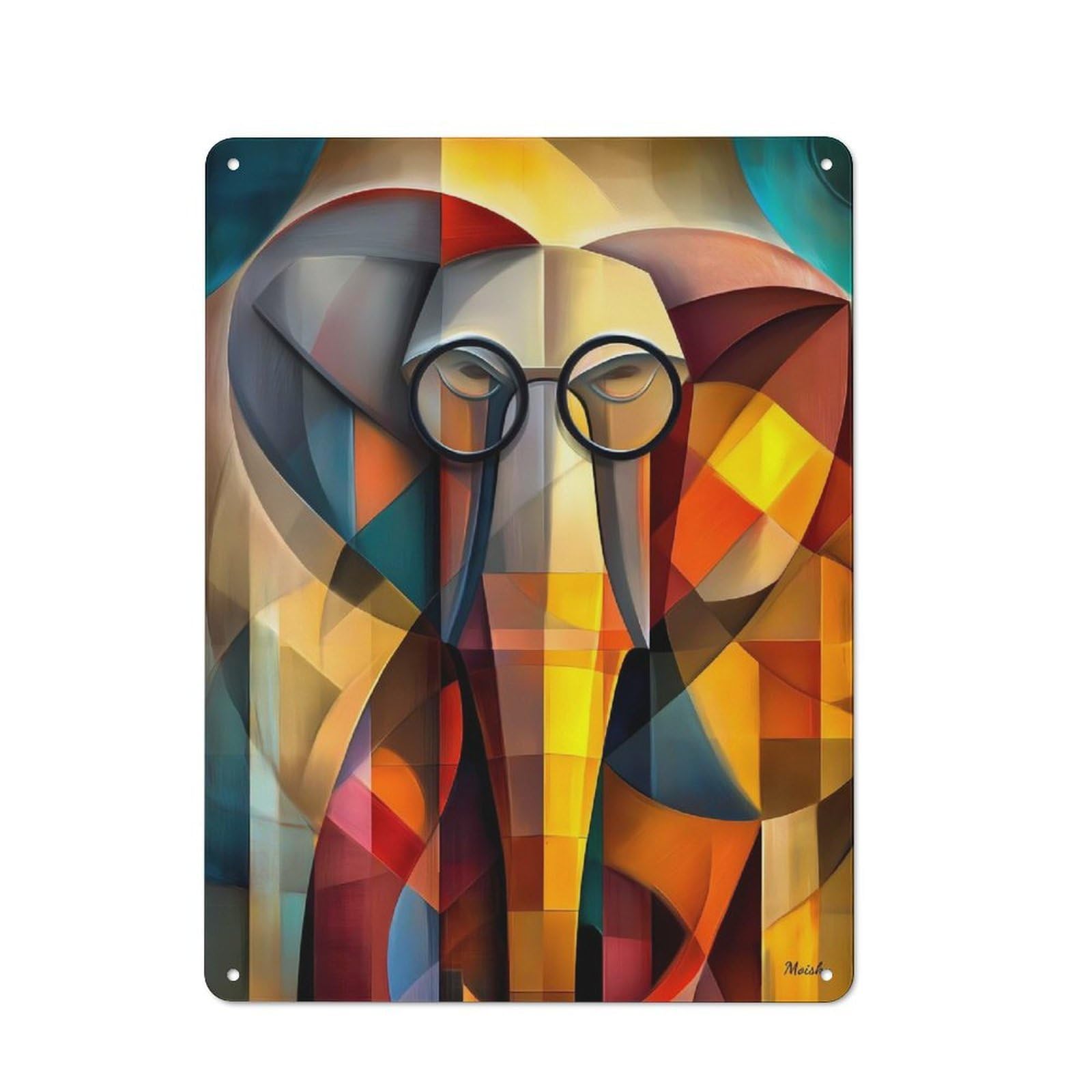 Junmoney Charming Elephant – Cubist Scholar With Glass Tin Wall Plaque 40X30cm With Es For Guest Room Or Hallway, For Hallway Wall Decor Fans