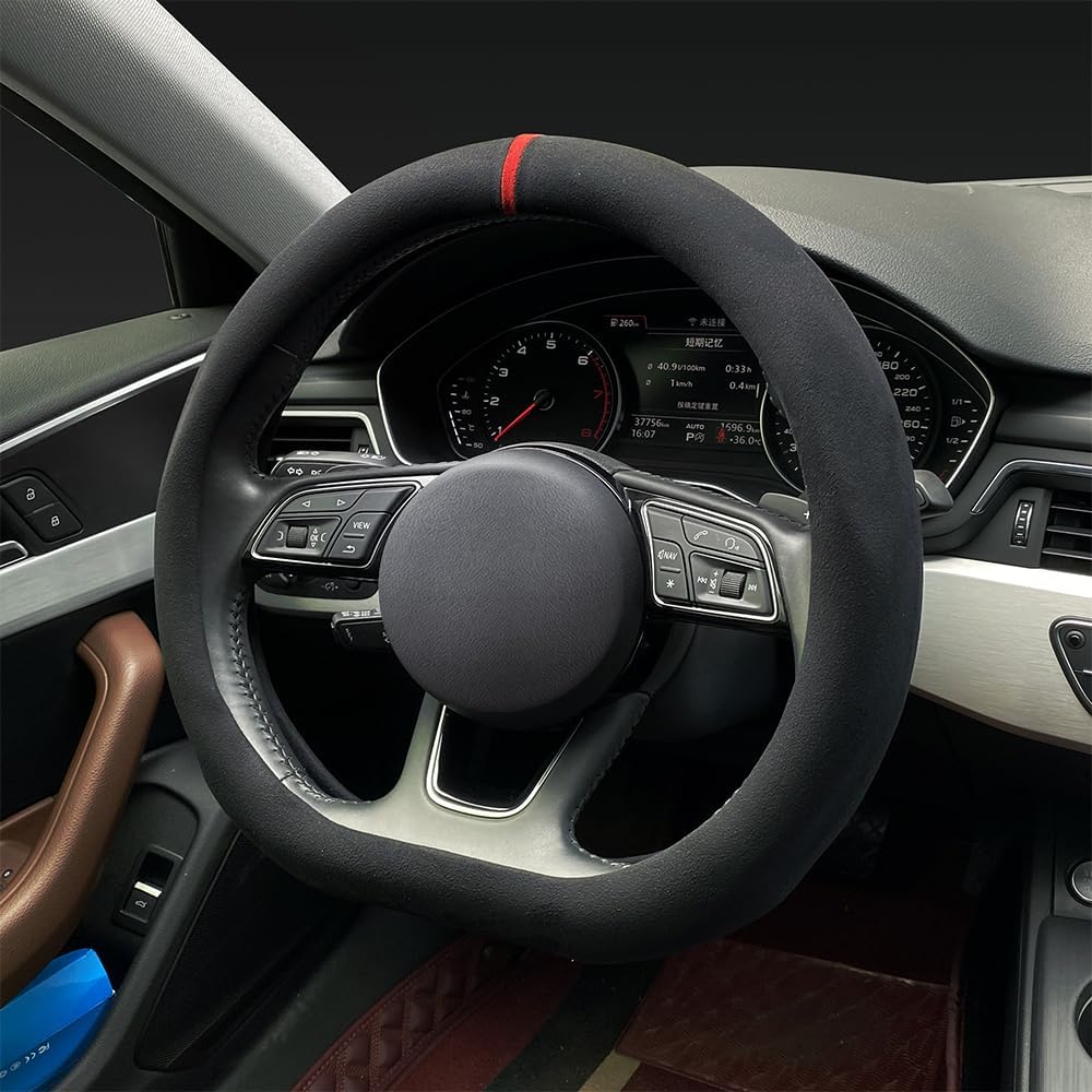 Carodi Suede Steering Wheel Cover ，Non-Slip Leather Car Interior Fitting 15-inch Universal（D-Shape,Black red Label）