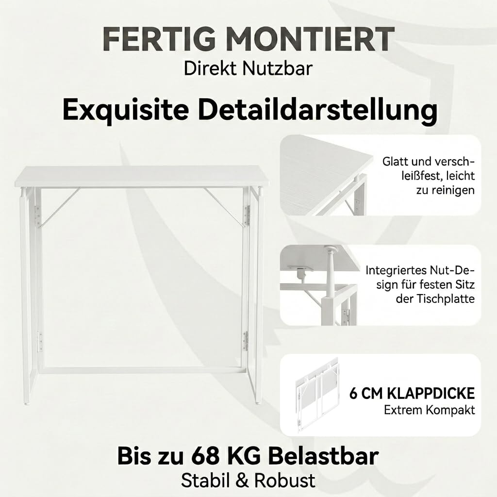 MUSSO F5 Klappschreibtisch, 80 x 40 cm, Montagefrei, Weiß | 80 x 40 cm Platte, klappbar, montagefrei, Homeoffice, Studium und Basteln