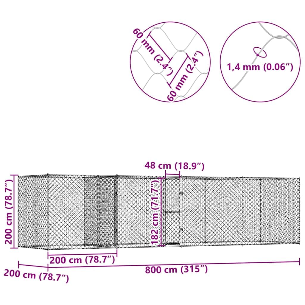 vidaXL Gabbia per cani Argento 800 x 200 x 200 cm Acciaio zincato