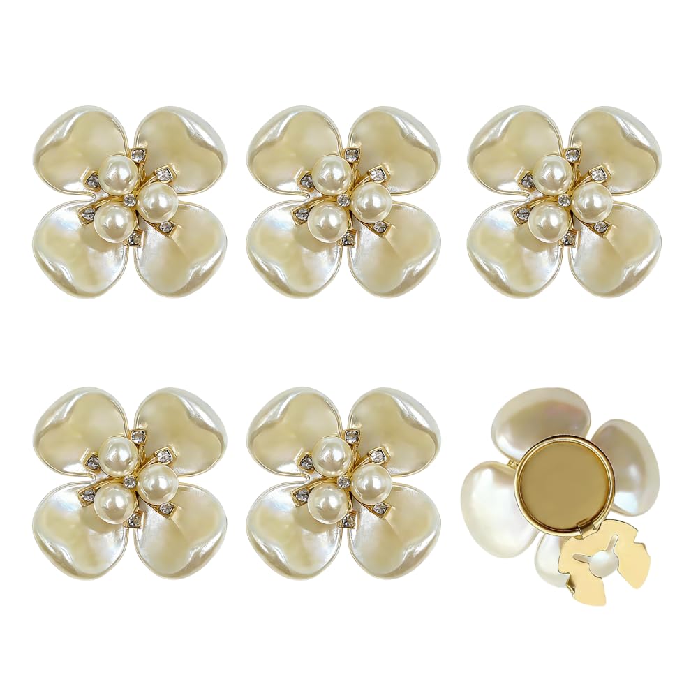 6PCS Crystal Pearl Button Covers, Decorative Rhinestone Buttons Cover Detachable Clip Button for Jeans Crafts Sewing