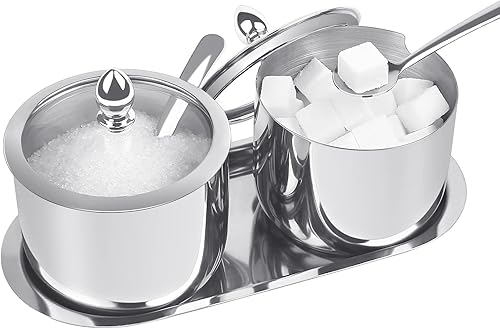 Miniatura 2 de Azucarero de acero inoxidable con tapa cuchara y bandeja, cuenco de azúcar brillante pulido, para servir azúcar, adecuado para el hogar y la cocina,