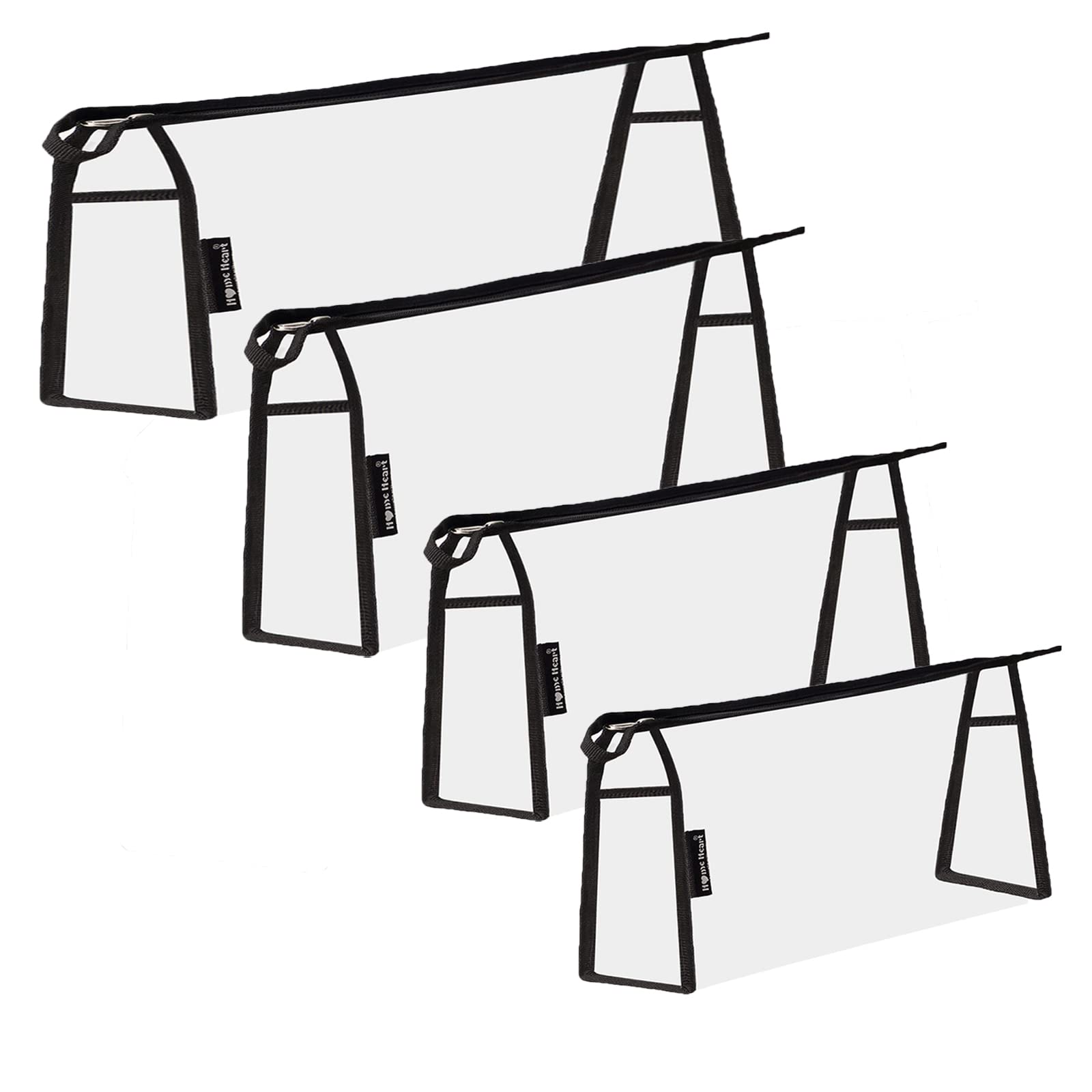 HOME HEART Brands Multi-purpose Waterproof Clear Vinyl Zippered Organizer Toiletry Cosmetics Makeup Bag Pouch, Clear with Black edges, Mix Size 4 pcs(XL, L, M &S)