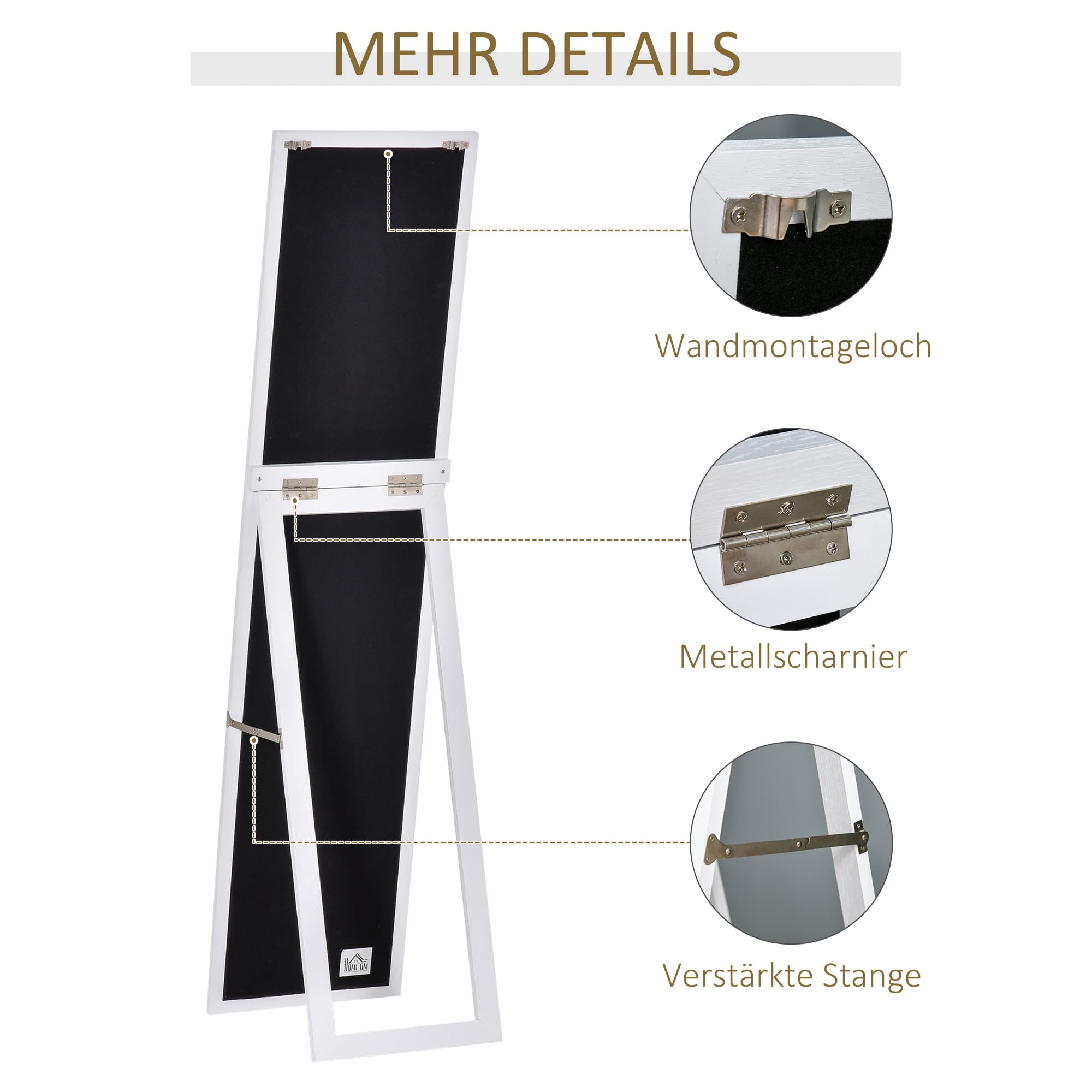 HOMCOM Ganzkörperspiegel, 154 x 37 cm Wandspiegel mit Ständer, Standspiegel für Wohnzimmer, Schlafzimmer, Weiß