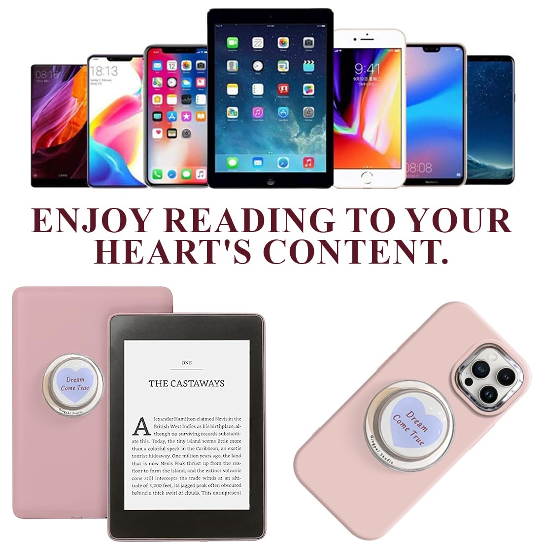 Supporto Kindle Magnético a Cuore con Impugnatura e Stand Piegabile per Smartphone/Tablet/Kindle