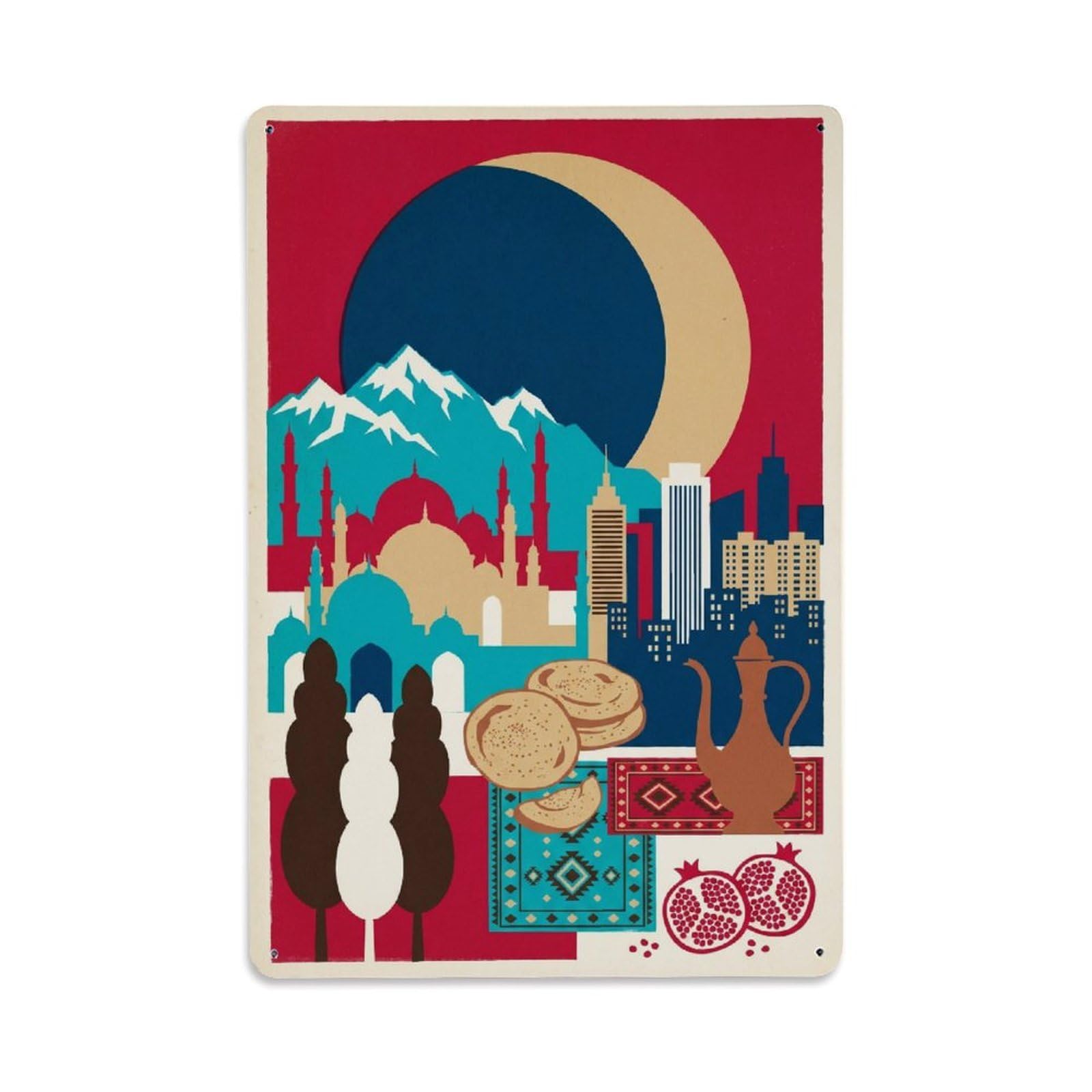 Okngb Style Urumqi Cityscape Aesthetic Chinese Retro Sun Mosaic Metal Tin Sign Plaque Wall Decor For Cafe, Man Cave, Club Bar, Office, Home Garden Round Metal Poster 8X12inch