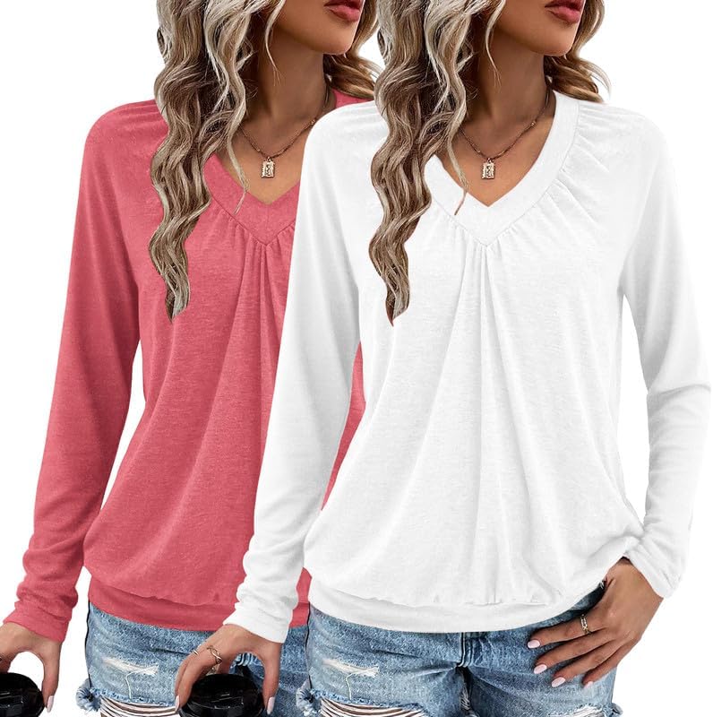 2 Pack Women Tops Long Sleeve Shirts V Neck Loose Fit Soft Casual Solid Color T-Shirts Fall Clothing