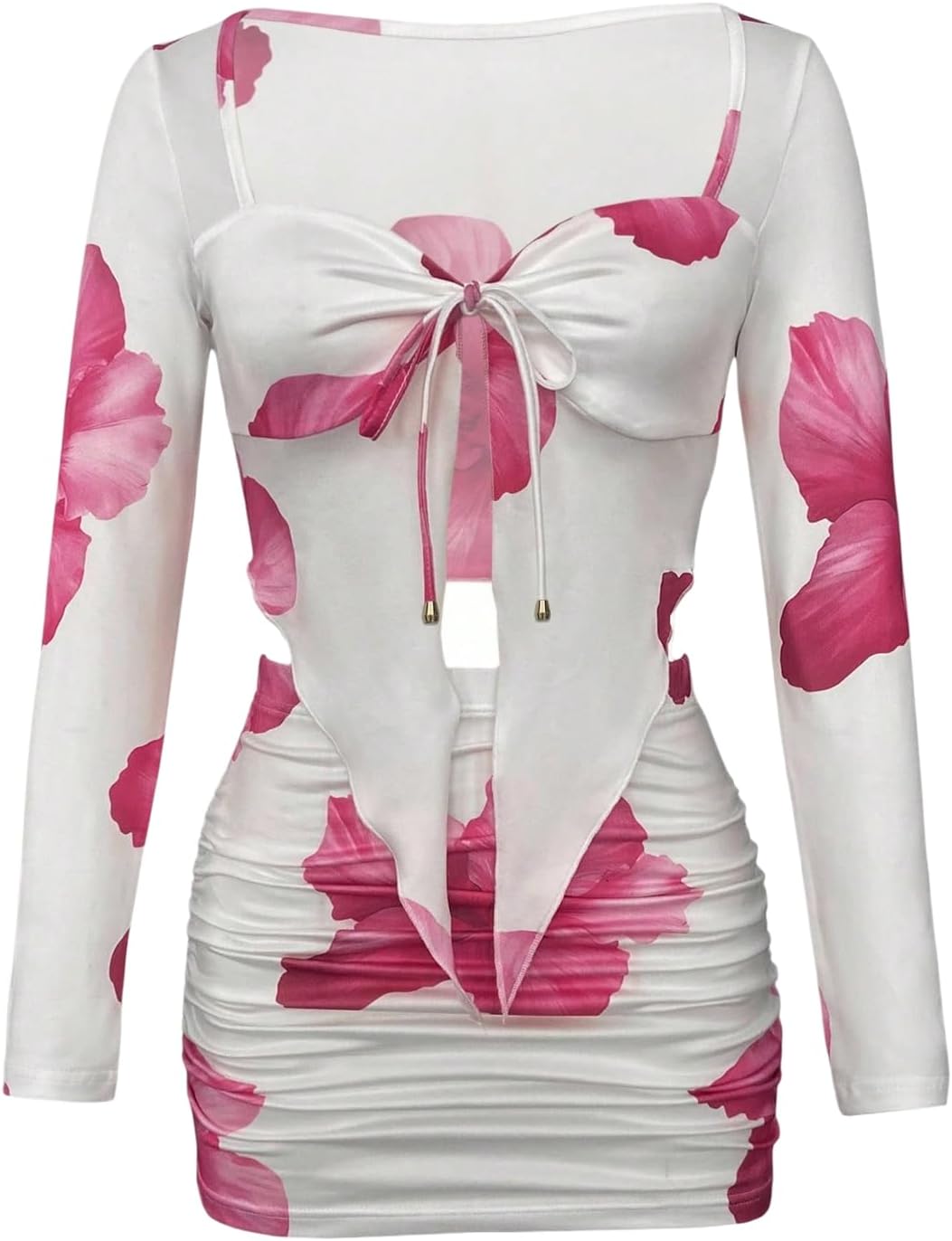 Floerns Women's 2 Piece Vacation Outfit Floral Long Sleeve Tops Bodycon Mini Skirt Set