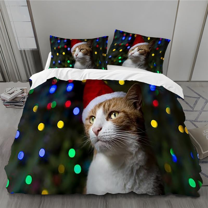 Aozhiswe Christmas Duvet Cover Double Cute Cat Bedding Sets 3D Print Duvet Covers Soft Microfibre Quilt Cover 2 Pillowcases, with Zipper A3771