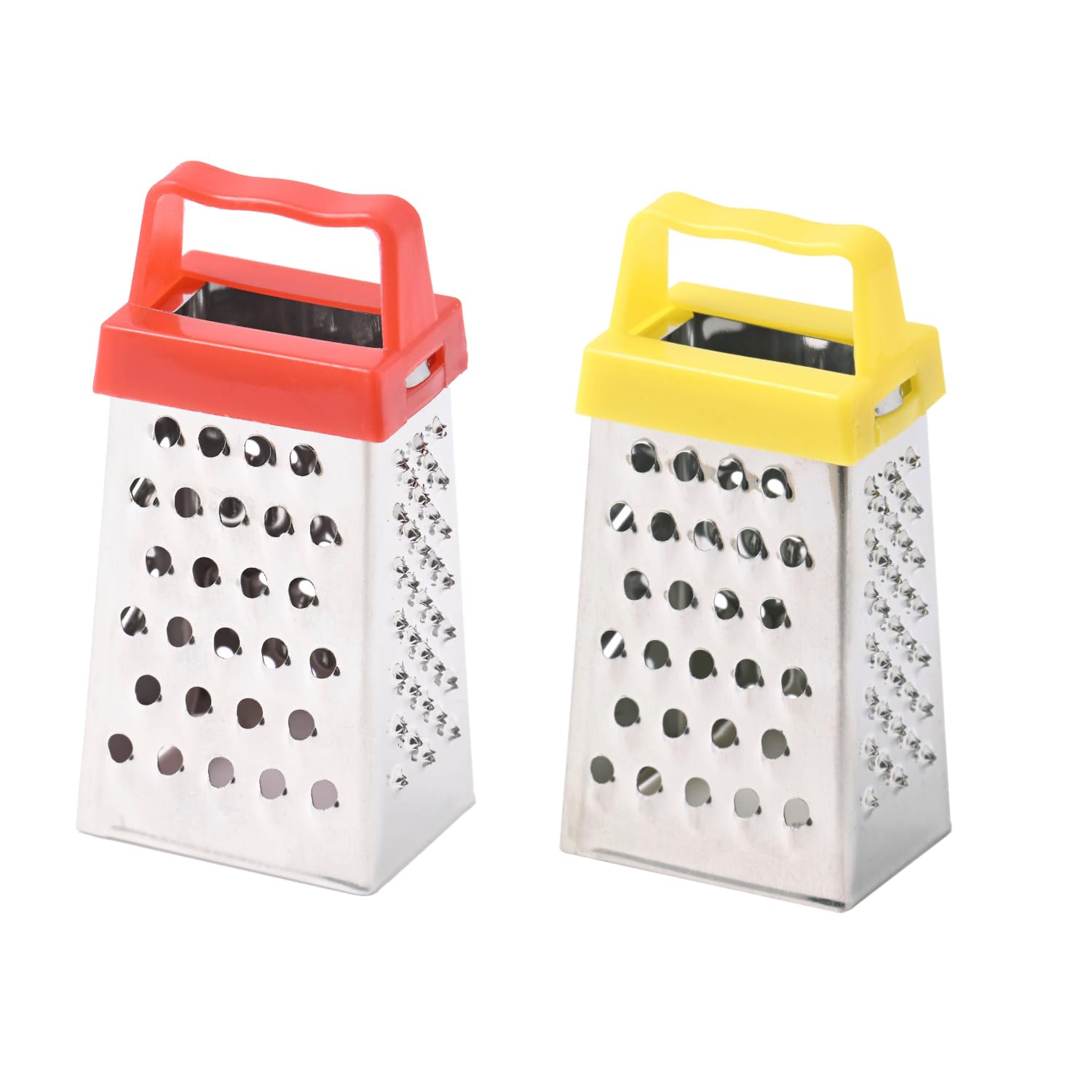 patisse 13942, Set of 2 mini square graters, mini cheese graters, multifunctional graters 4 grids for chocolate, lemon, ginger, nutmeg, etc. stainless steel, plastic handle assorted colours, 2.5 x 7.5