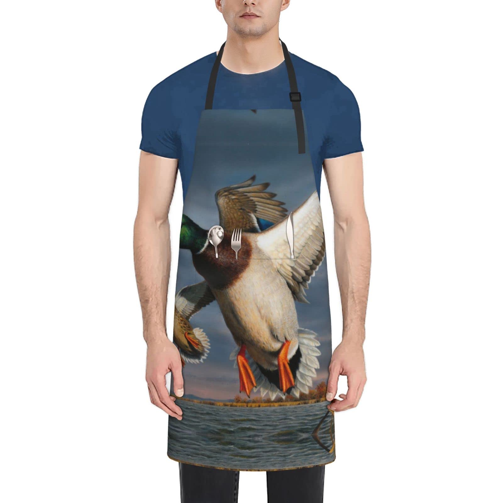 Yunkou Unisex Black Mallard Duck Aprons For Men Cooking Kitchen Aprons Waterproof Adjustable Bib Cooking Aprons With Pockets For Baking Household Cleaning, One Size, One Size