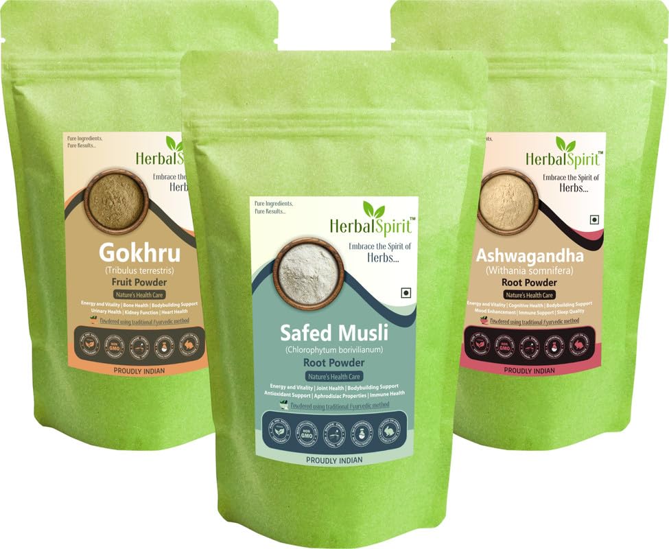 Herbal Spirit Safed Musli Powder, Ashwagandha Powder Organic and Gokhru Powder | Safed Musli Root Powder, Gokshura Powder, Ashwagandha Root Powder | Ashwagandha Gokshura Musli | 100gm each (Pack of 3)