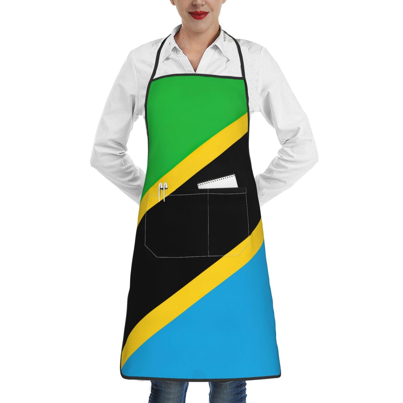 Edwal Unisex White Tanzania Flag Print Kitchen Aprons, Apron For Cooking With Pocket, Chef Aprons For Men Women