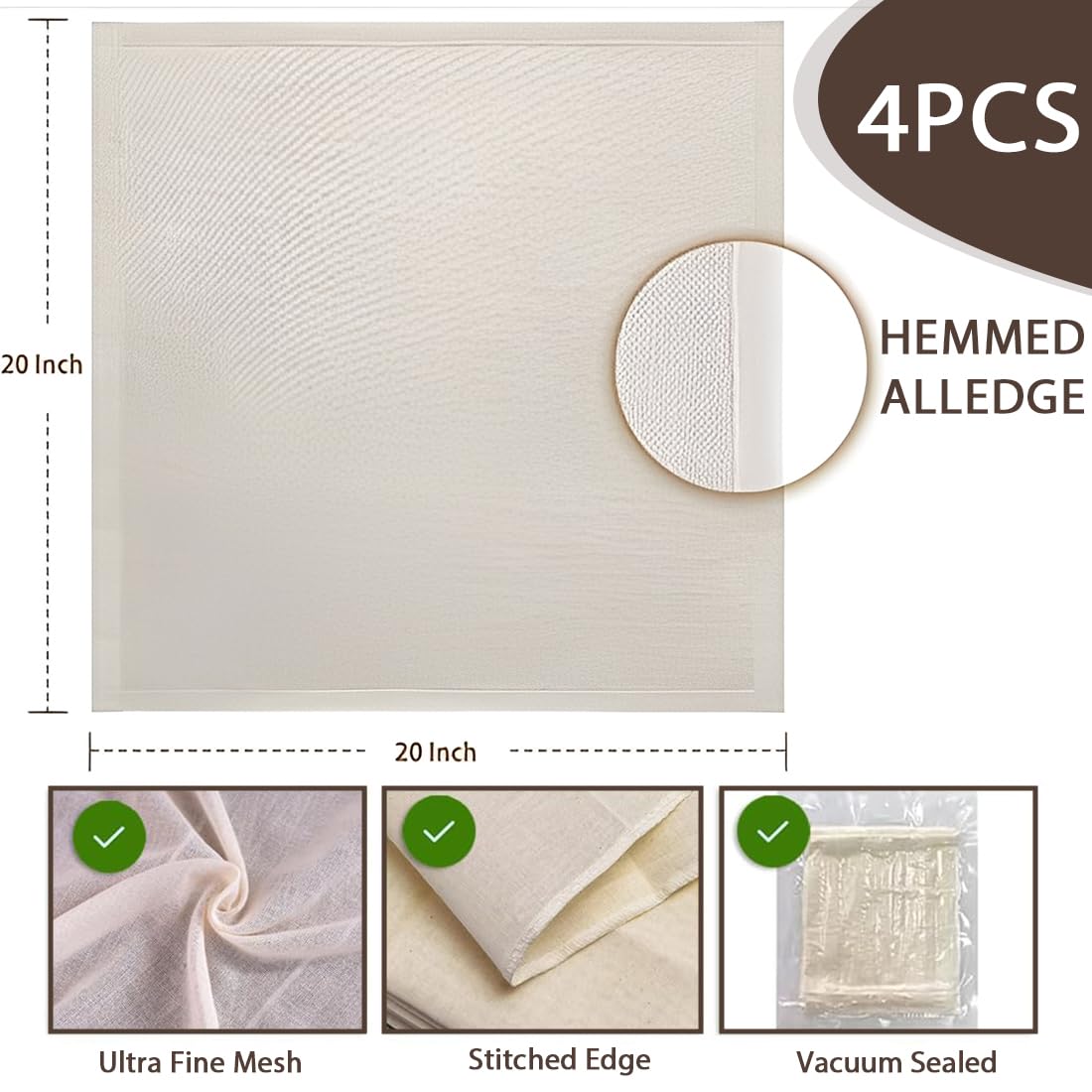 4 Stück Passiertuch,50x50cm Feingewebt Dichtegrad 100 Mulltuch,Käsetuch Waschbares Mulltuch, Ungebleichte Reine Baumwolle Seihtuch,Wiederverwendbar Filtertuch für Käse Beeren Obstsaft