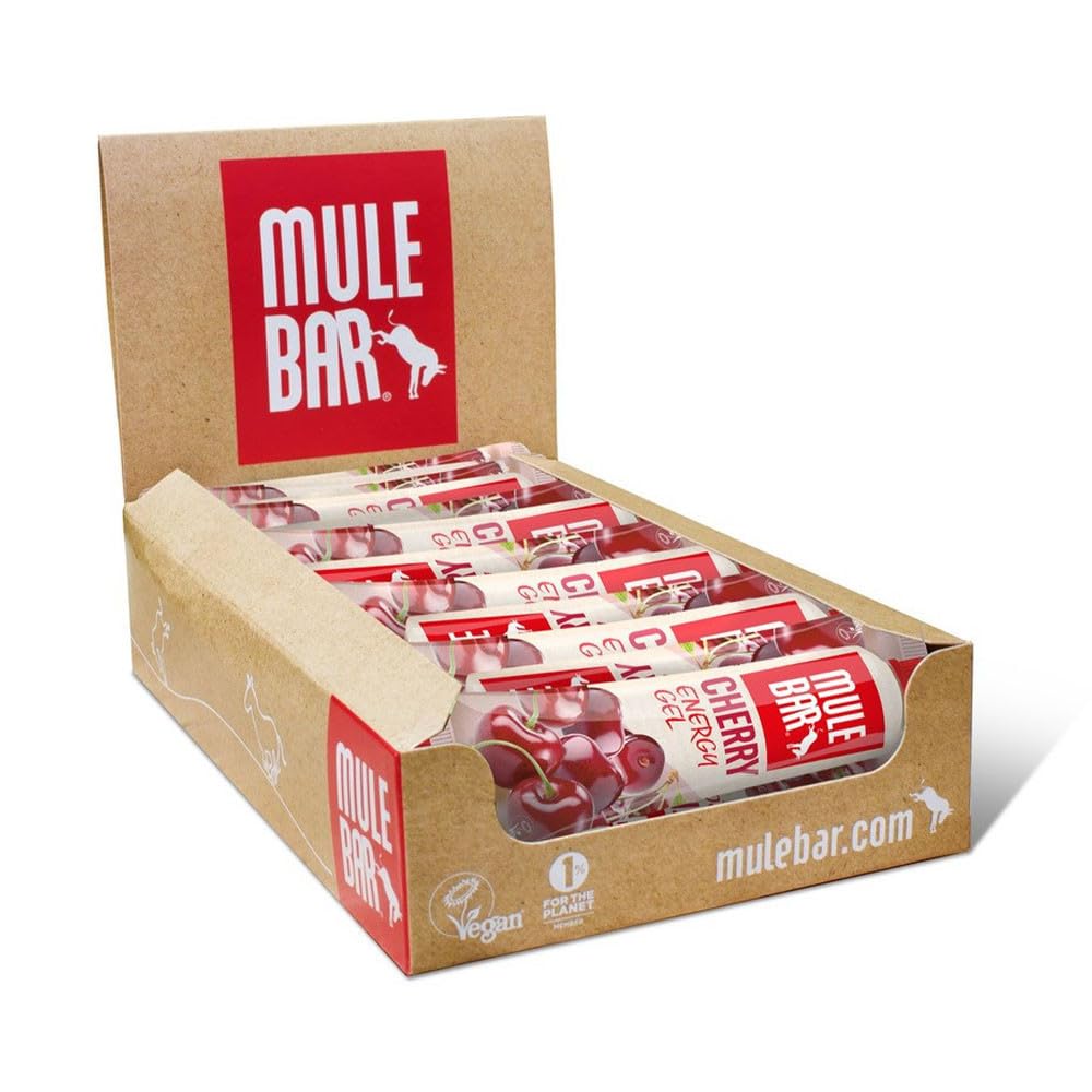 Mulebar Scatola di 24 Gel Energetichi Sport Cigliegia 37g Vegani Senza glutine Tubo Richiudibile e Riutilizzabile
