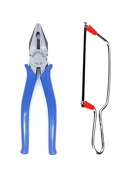 PERFECT TECH Combo Set of 2 Combination Cutting Plier 8 Inch DC-08 | Junior Hacksaw Frame & Blade | Tools Kit Set | 2 in-1 Multi Purpose | Steel Pliers Original |Heavy Duty