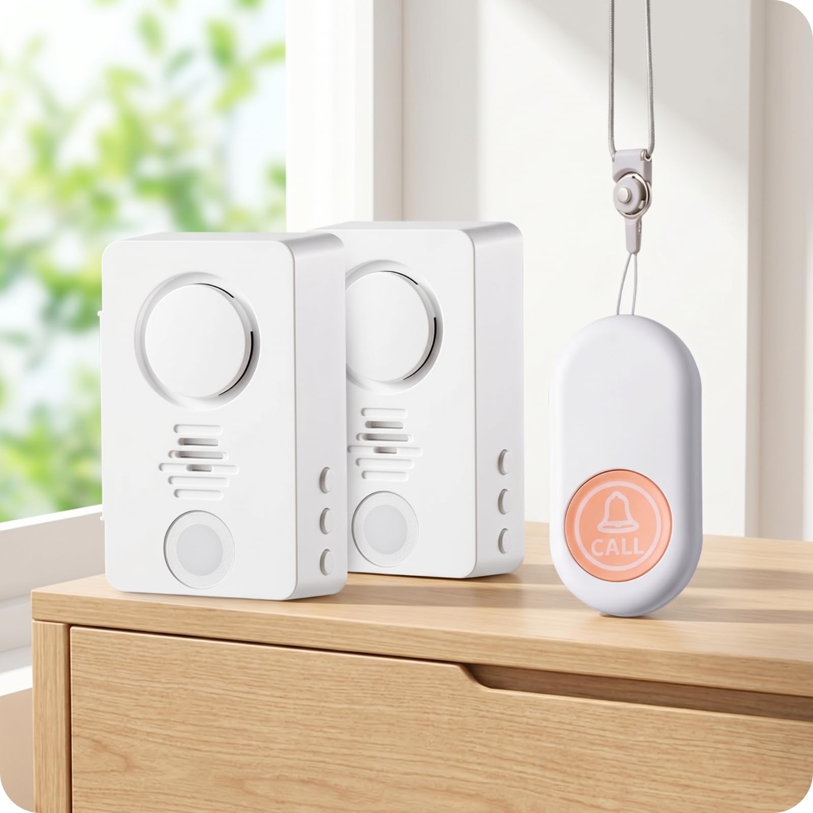 Bouton d'Appel sans Fil Portable avec Sonnette Table à 38 Mélodies pour Service Clientèle , 805 Rechargeable 1 Bouton + 2 Sonnettes avec Lanière