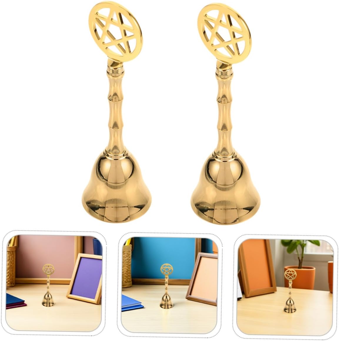 2 Pcs Brass Hand Bell Pentagram Design Small Vintage Altar Chime Bells for Rituals Prayer Home Décor and Meditation Supplies