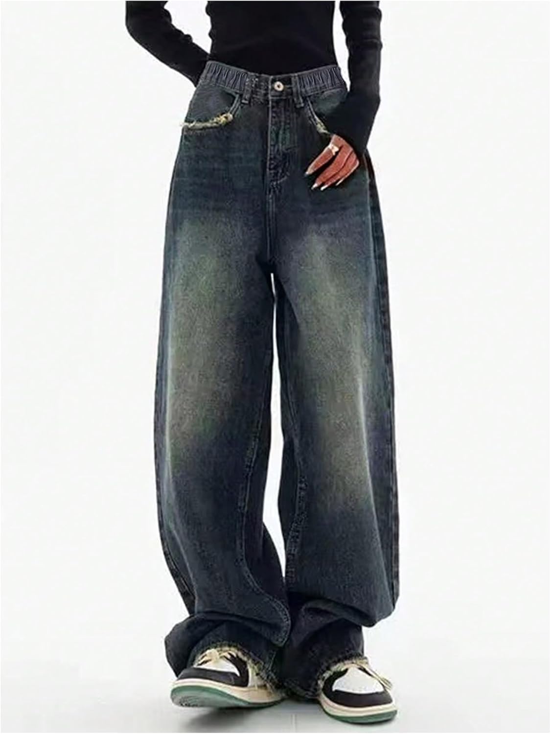 Verdusa Girl's Y2K Streetwear Ripped Distressed Baggy Jeans Wide Leg Denim Pants with Pockets