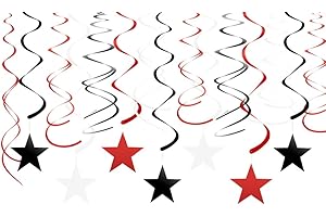 Red, Black, & White Party Decorations Hanging Stars Streamers Foil Swirls
