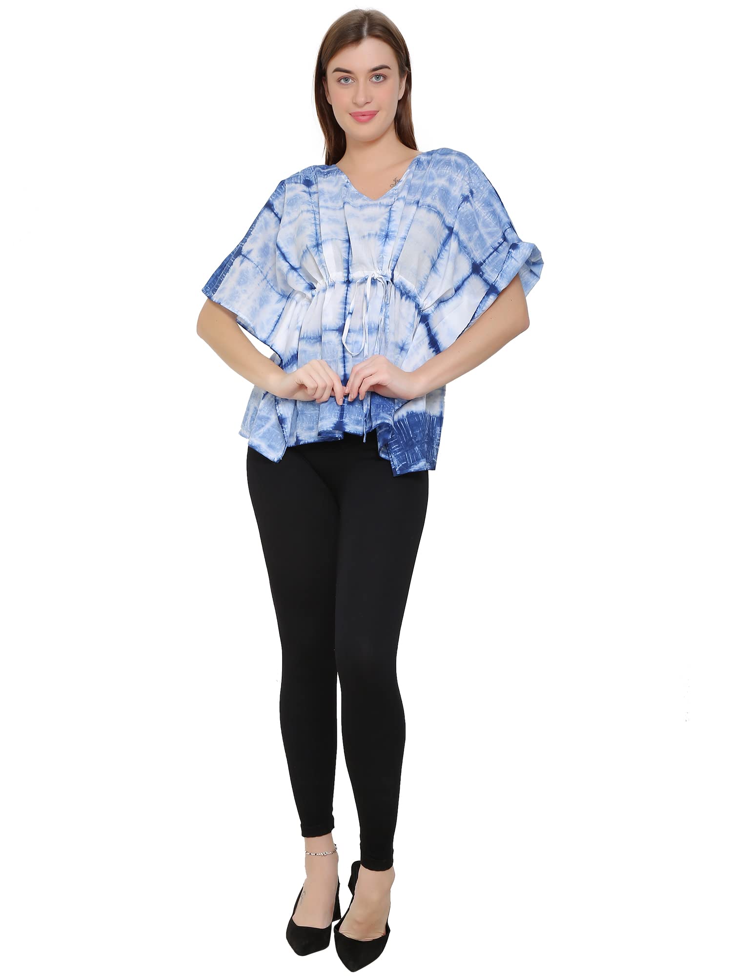 Anupam Enterprises Women's Cambric Cotton Tye & Dye Kurti Kaftan Top with Slits on Both Side (Light Blue)