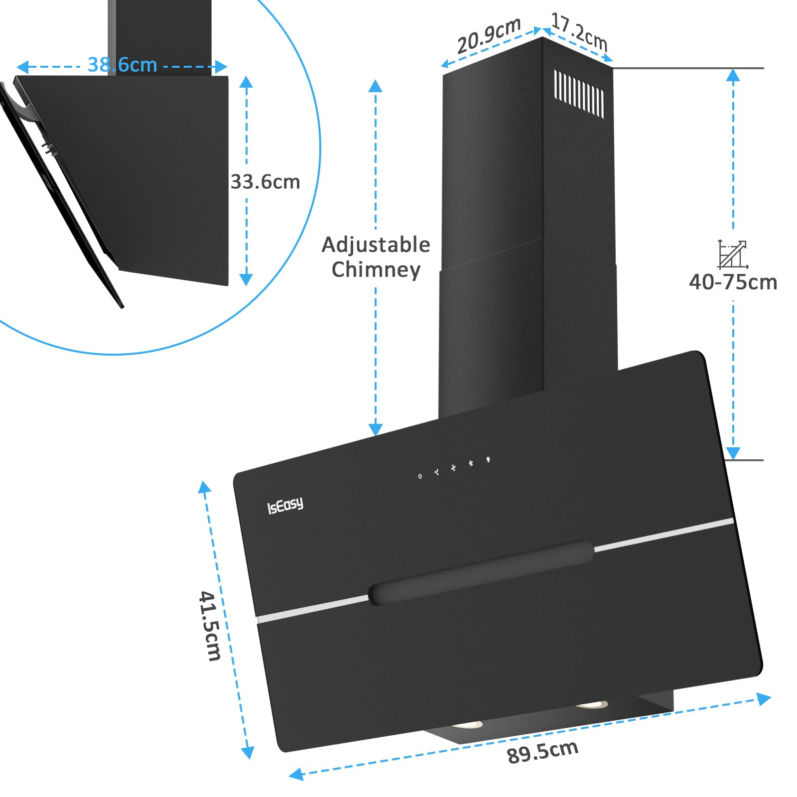 Cappa Cucina 90 cm, IsEasy Cappa Aspirante 90cm con 578 m³/h Forte Aspirazione, Touch Control, 3 Livelli di Regolazione, Ricircolo e Modalità di Scarico, Nero, 58 dB, Efficienza A++
