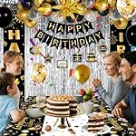 Black and Gold Birthday Decorations for Men Women, Happy Birthday Decorations Gold and Black Party Decoration Kit, Happy Birthday Banner Balloons Tablecover Fringe Curtain Swirls, Mens Man Bday Decor - Image 3