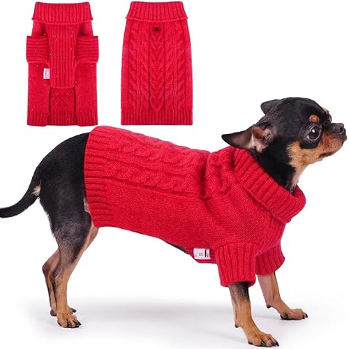 Frienperro Suéter para perro para perros pequeños, suéter de punto trenzado con lentejuelas, traje de invierno de cuello alto, suéter cálido de