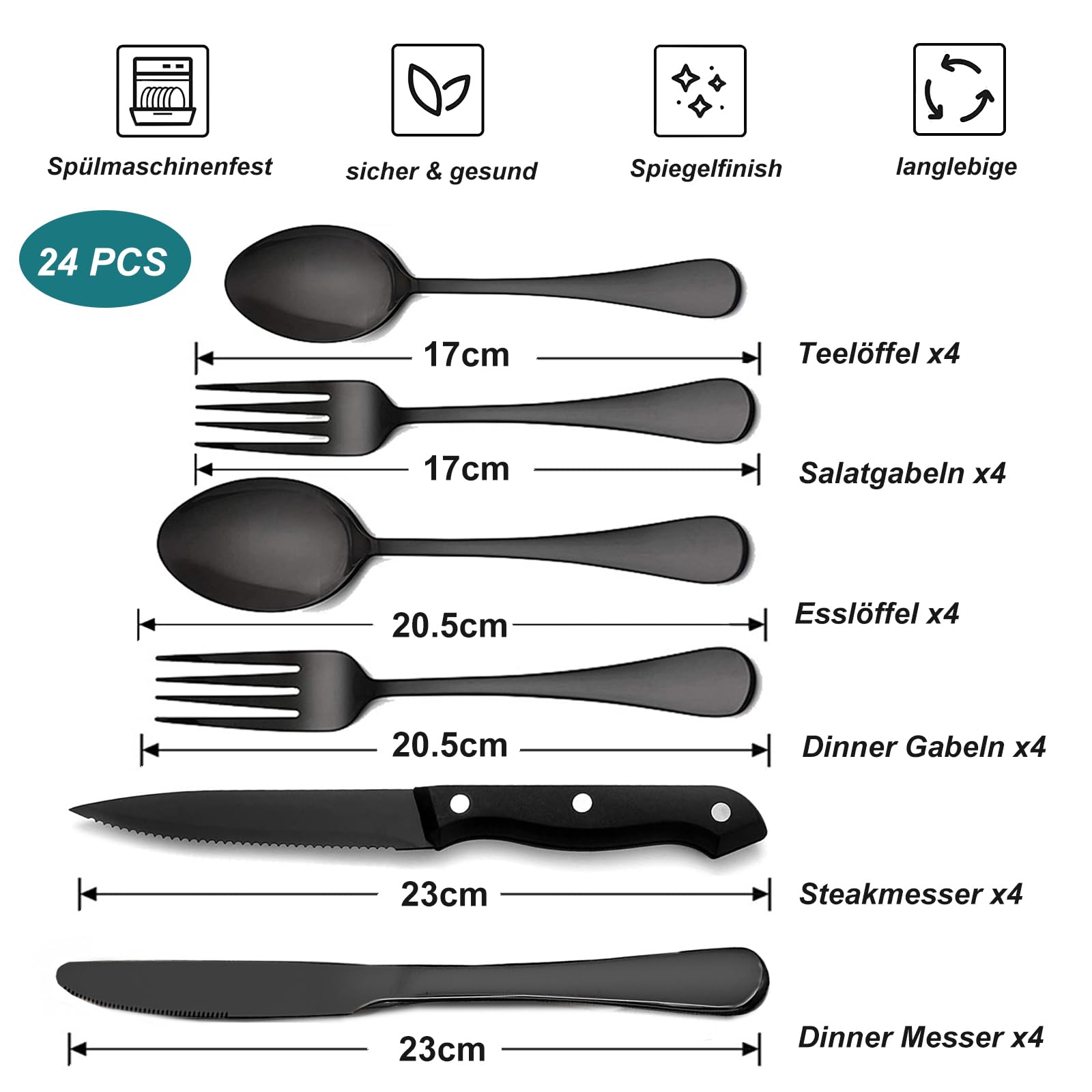 CALIYO Besteck Set, 24-teiliges Besteck Set mit Steakmesser für 4 Personen mit Messer Gabel Löffel, Hochwertiges Edelstahlbesteck, Hochglanzpoliert & Spülmaschinenfest für Haus/Küche/Restaurant
