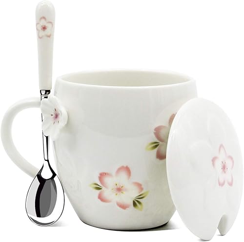 Taza de té Kawaii con tapa y cuchara, taza de café con flor de cerezo, linda taza de té de cerámica, el mejor regalo para mujeres, ella, hermana,